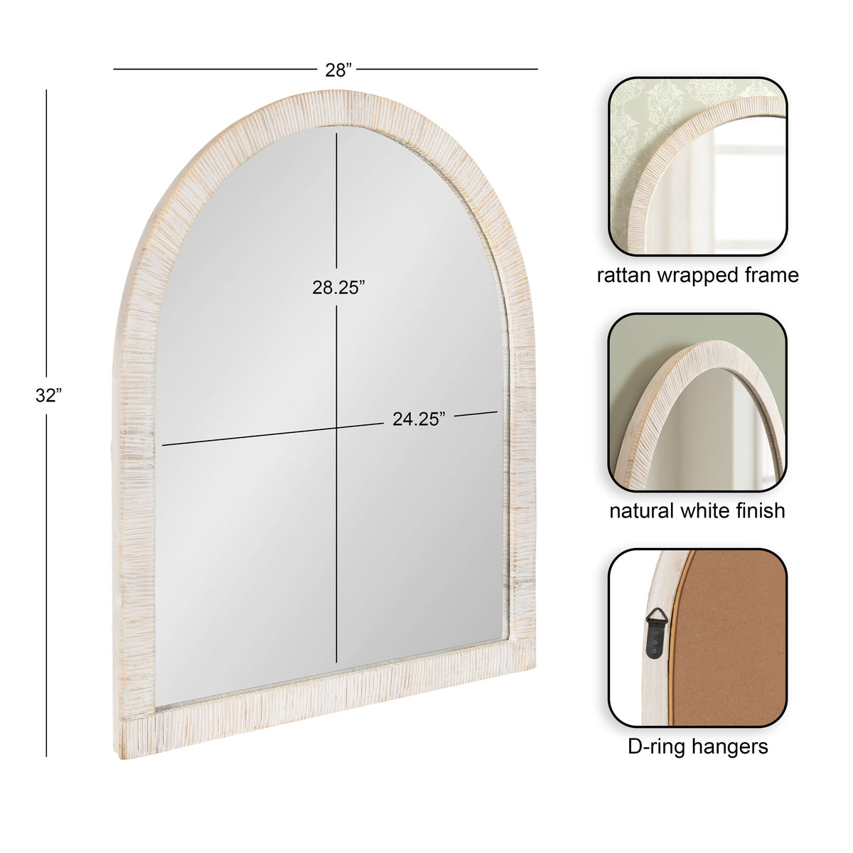White rattan arched mirror shown with 28 x 32 inch dimensions and frame details