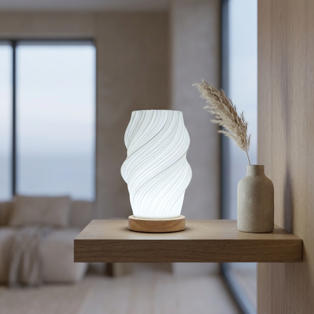 Spiral table lamp on a wooden floating shelf beside a stoneware vase with dried pampas grass in a bright minimalist room